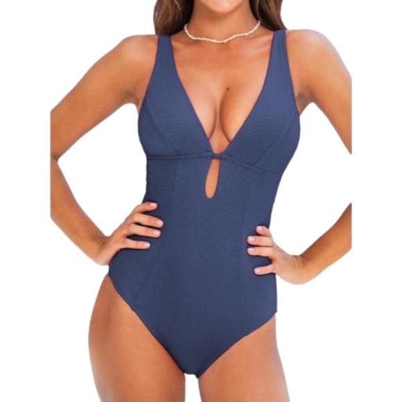 Women's Deep V Neck Keyhole Cutout O Ring Textured One Piece Bathing Suit - Picture 1 of 8